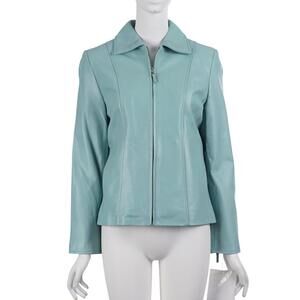 NWT PAMELA MCCOY Women Leather Jacket XS Robin Egg Blue Full Zip Lined Pockets